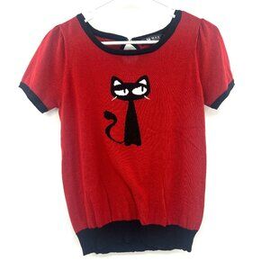 Ye Mak Red Black Cat Short Sleeve Sweater Top Women's Small